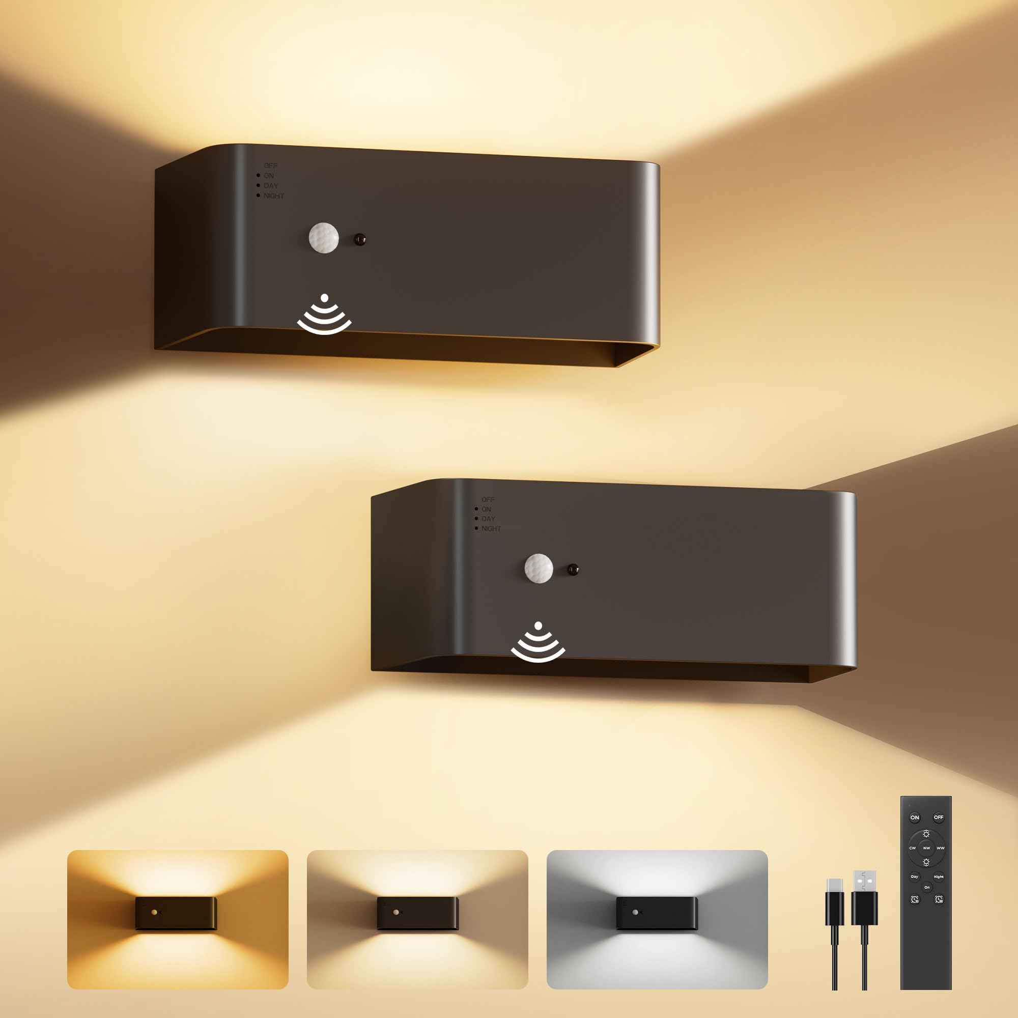 Motion Sensor Wall Sconces Indoor with Remote Control, Rechargeable 8000mAh Battery Operated Wall Lights, Up and Down Wireless LED Wall Lamps Set of Two Brightness Adjustable for Bedroom and Hallway