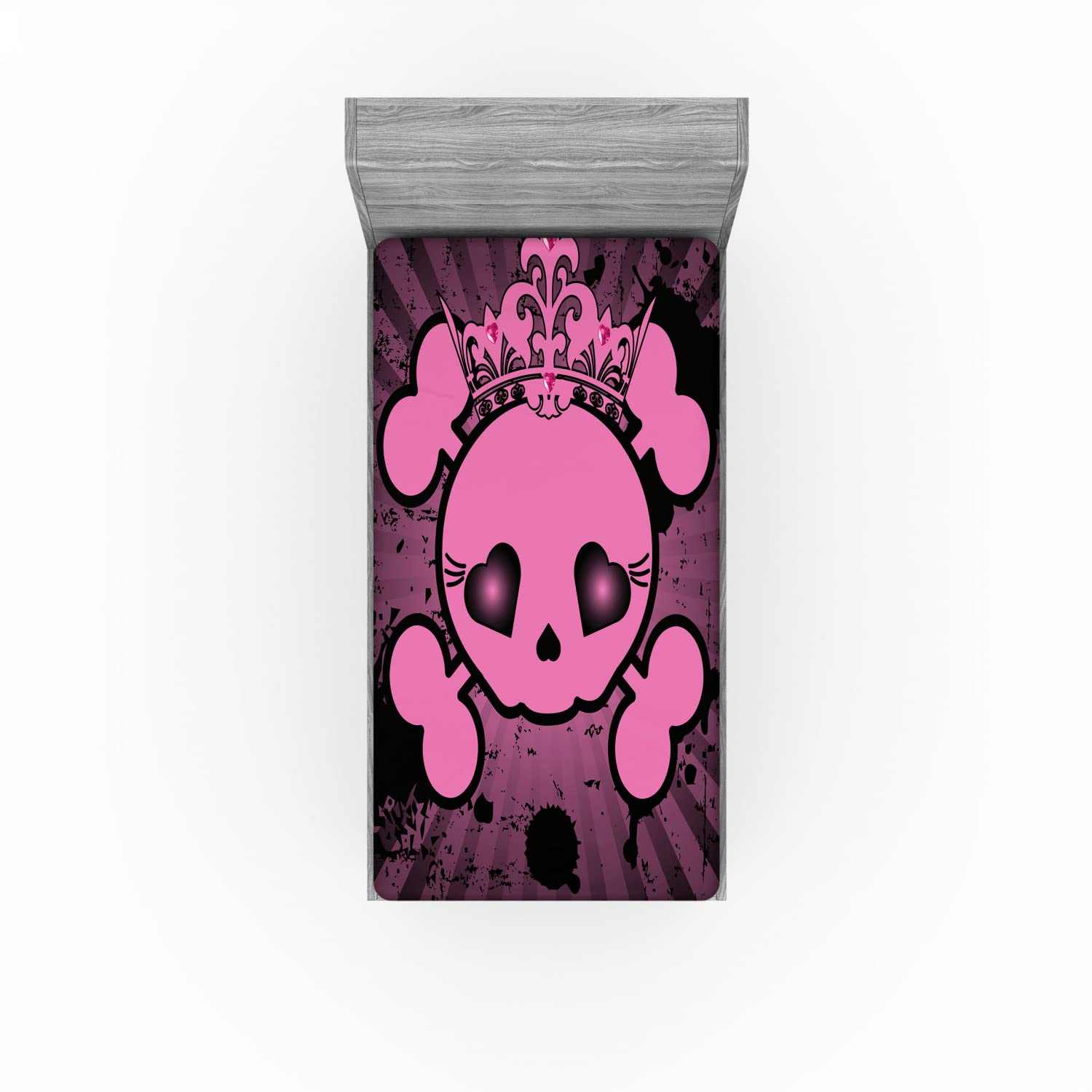 Ambesonne Pink 2 Pack Fitted Sheet, Skull Grunge Pop Art, Bed Cover All-Round Elastic Deep Pockets 2 Pieces, Package Contains 2 Twin Size Fitted Sheets, Pink Black