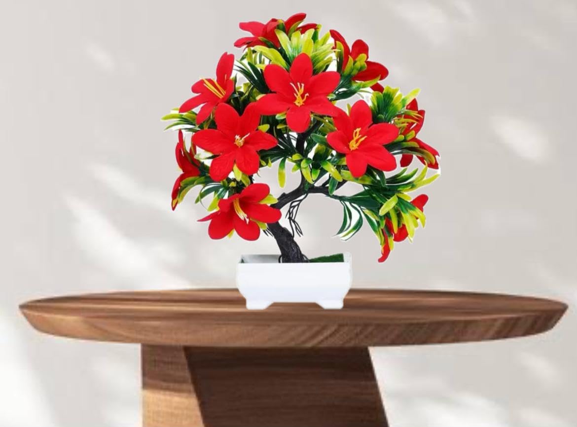 1 Pcs Artificial LilyTree with Tub Designer Pot | Realistic Looking -No Maintenance | Small Plants for Home Decor Living Room Table Decor and Balcony Decorations (Pack of 1, Red) 4
