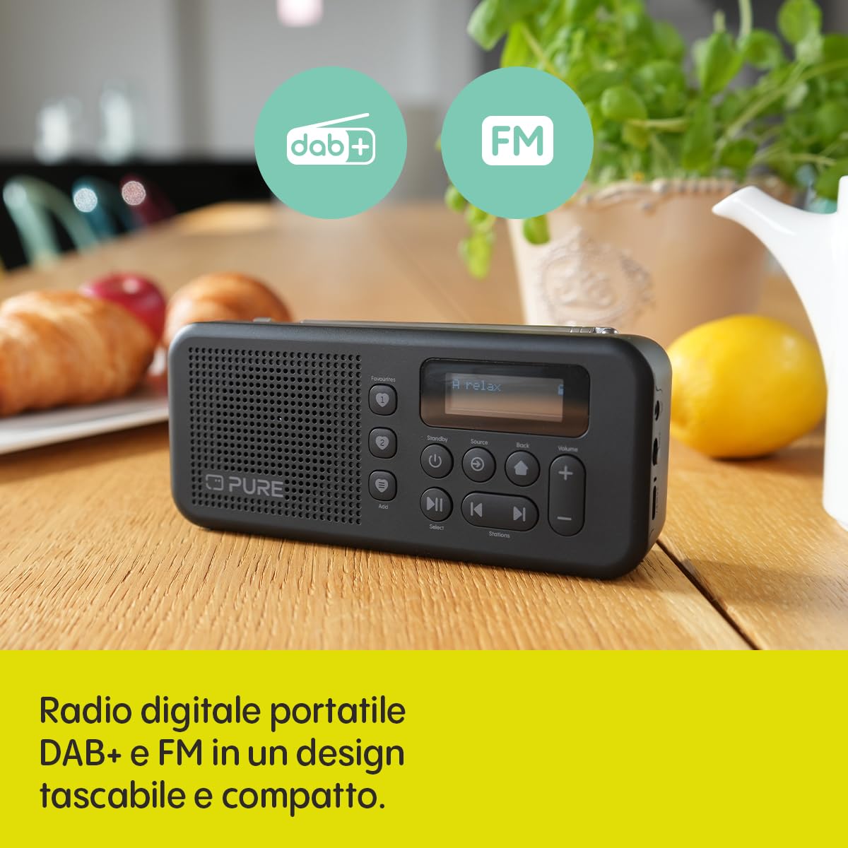 PURE Elan Move Radio Digitale Portatile DAB+ e FM con Bluetooth 5.3, Radio Compatta Tascabile con Batteria Ricaricabile fino a 16 Ore, Jack Cuffie e Display LCD – Nero