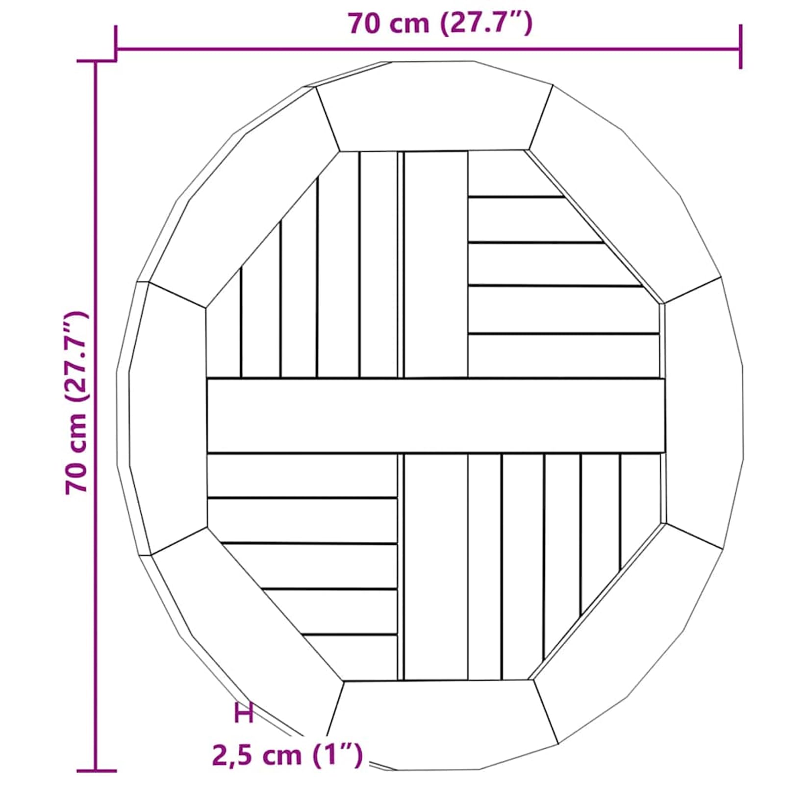 Anself Massive Teakholz-Tischplatte 70 cm Durchmesser, 2,5 cm Stärke, für Innen & Außen 48985