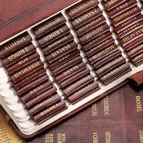 RETTACY Bible Tabs, Leather Bible Tabs, Large Size, Bible Tabs for Men, Bible Study Supplies, 66 Bible Tabs for Old and New Testament, Additional 21 Tabs for Apocrypha, 9 Blank Tabs (Brown) Cover