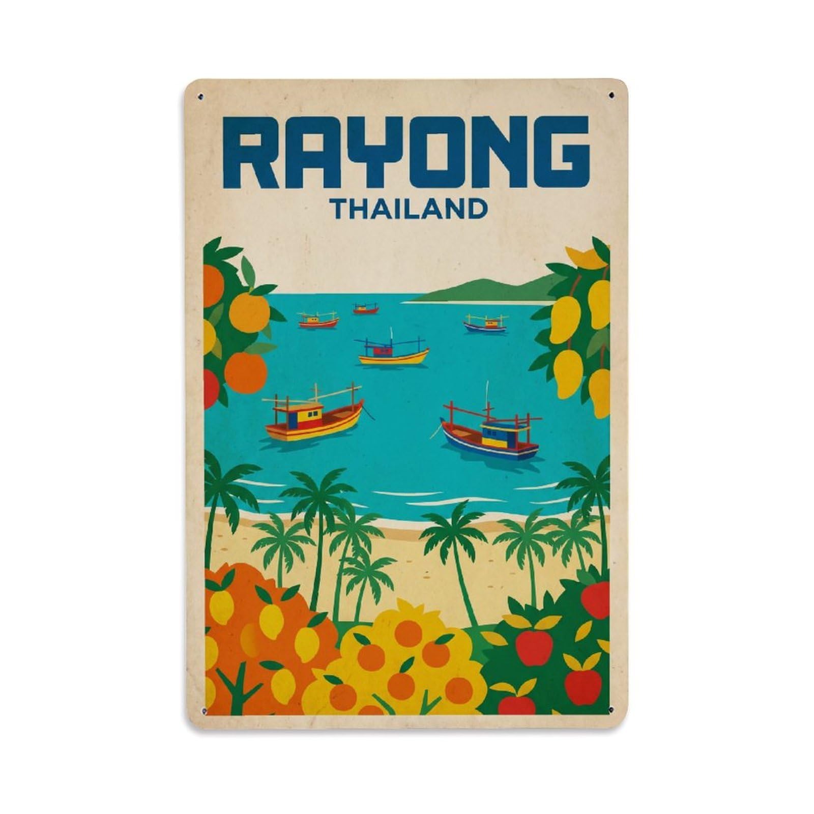 Retro Travel Thailand Rayong Metal Tin Sign Plaque Wall Decor for Cafe, Club Bar, Office, Garden Metal Poster 8x12Inch