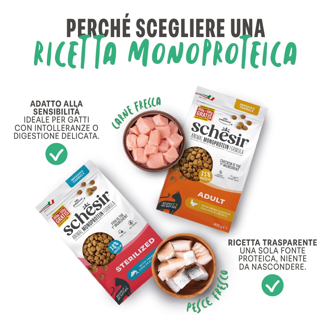 Schesir Animal Monoprotein Sterilized Pollo, Croccantini per Gatti Adulti Sterilizzati, Alimento Secco Monoproteico, Vitamine Aggiunte, Senza Conservanti e Coloranti, 10 kg