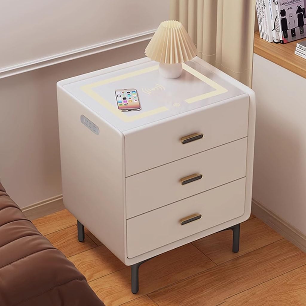 BHGFYXBS Nightstand With Charging Station,3-Tier Side Table With Drawer,Bedside Table End Table,For Bedroom,Home Office,Light Gray-48Cm/18.9In,Off-White,Off-white