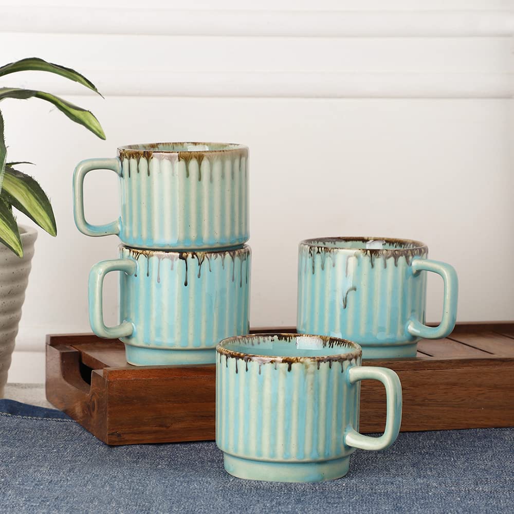 MIEN Set of 4 Green Yellow Textured Ceramic Glossy Cups