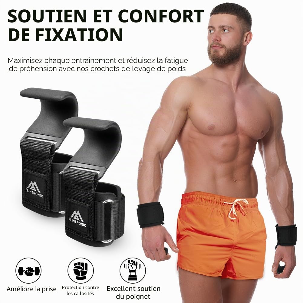 Flintronic Crochets d'haltérophilie, 8 cm de Néoprène Rembourré Bandage Poignet, Crochet Musculation pour Hommes et Femmes, pour Powerlifting, Levage et Tirage de Barre, Crossfit, Rows et Deadlift