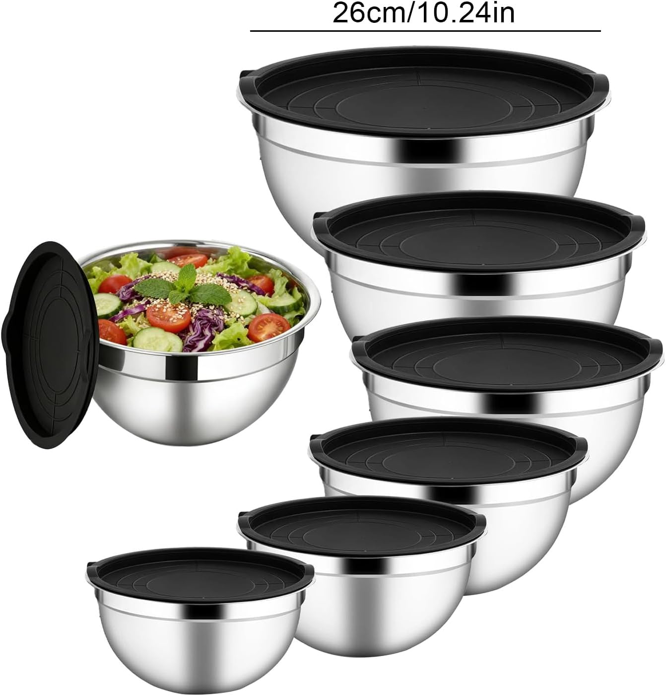 Stainless Steel Mixing Bowls, 7 Nesting Prep Set, Airtight Lidded Kitchen Containers, Multi-Function Bowls with Food Safe Design, Cooking Storage Preparation, Snacks Eggs Vegetables Dough