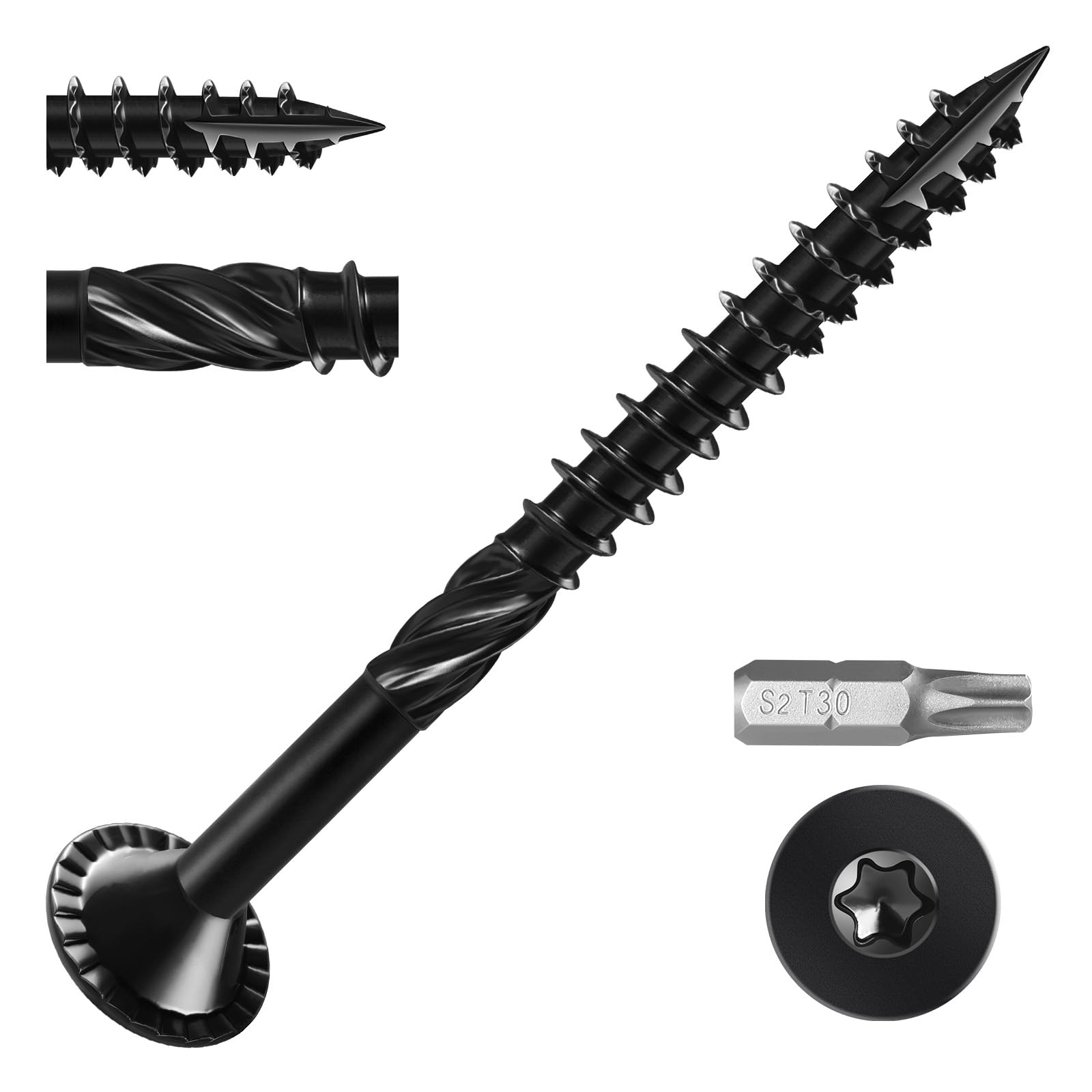 BNUOK Deck Screws #14 x 2-1/2 inch, (44pcs) 1lb Heavy Duty Outdoor Wood Screws,Black Rust Resistant Epoxy Coated,Torx Drive Head,with T30 Star Bit