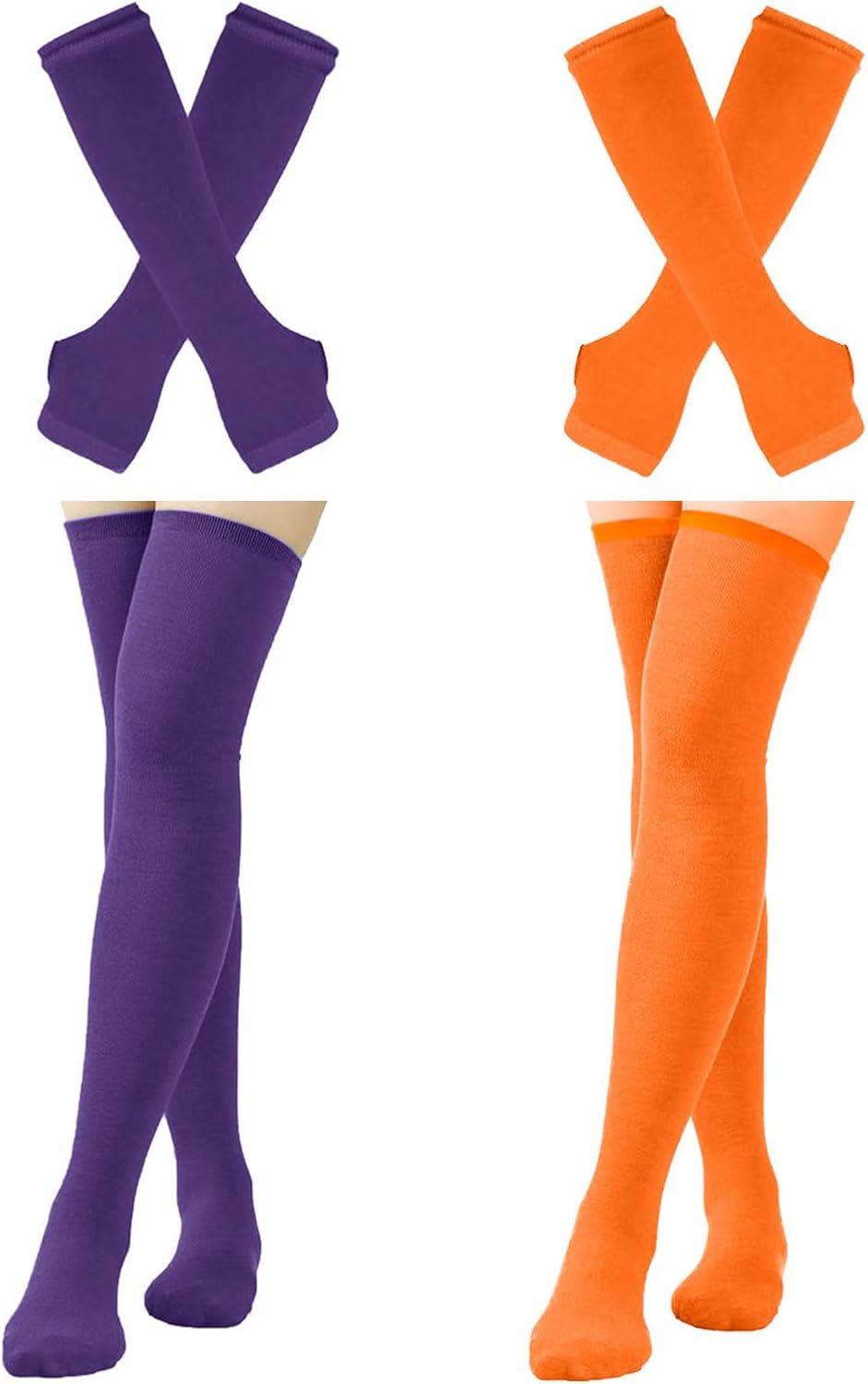 2/4 Sets Womens Striped Knee High Socks Long Knitted Arm Warmers Fingerless Gloves for Halloween Costume