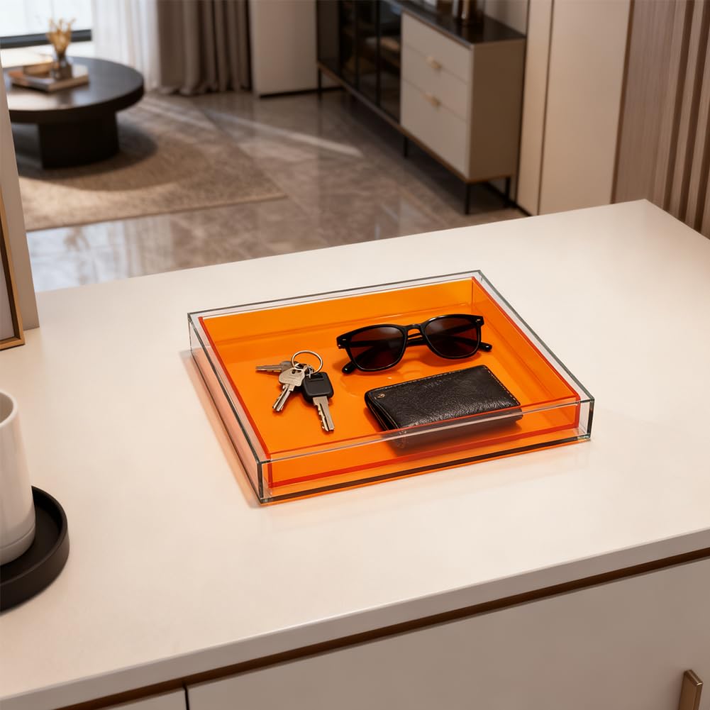 Vassoio creativo in acrilico moderno vassoio decorativo per gioielli, profumo, trucco, organizer quadrato trasparente per bagno, vanità, servire, tavolino da caffè, soggiorno (arancione)