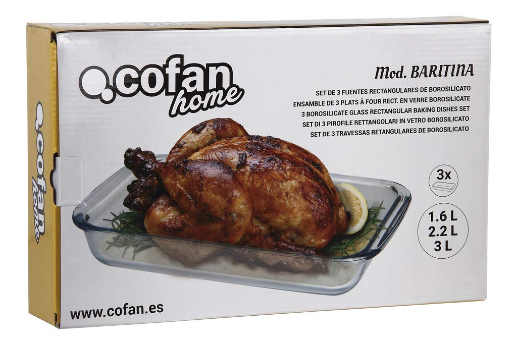 Cofan Set de 3 fuentes rectangulares de borosilicato Modelo Baritina I Capacidad: 1600 ml - 2200 ml - 3000 ml