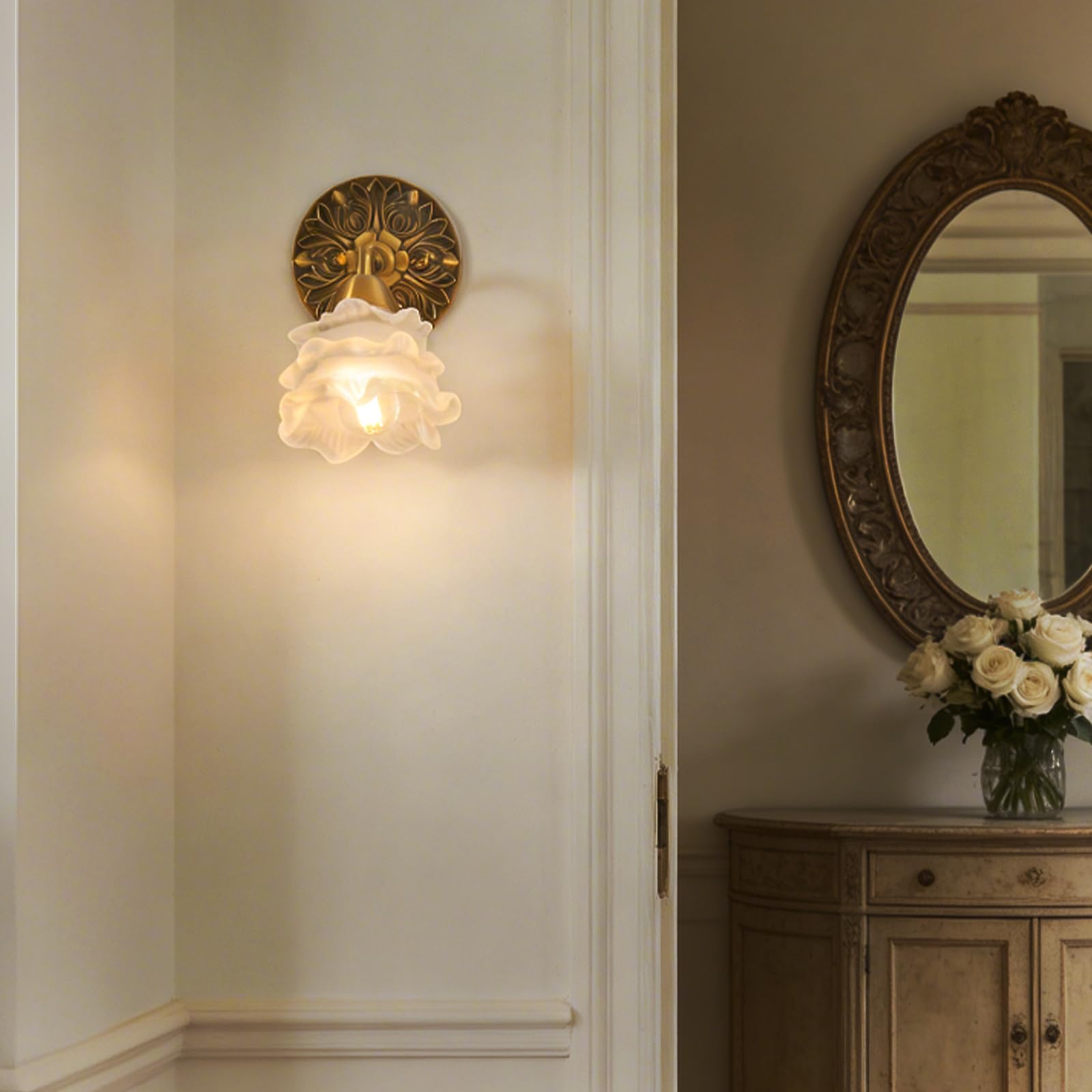 Lampa ścienna w stylu retro, w kształcie kwiatów, w stylu vintage, szklany klosz, E26, w stylu vintage, okablowana, do sypialni, łazienki (żarówki LED w zestawie)