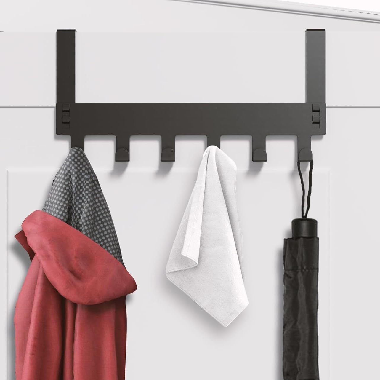 Over The Door Hook Hanger with Six Hooks for Coats Jackets Towels Bags Scarves Belts | Matte Black Steel Wall Mounted Closet Pantry Mudroom Entryway Hall Bedroom Laundry Organizer-picture-10