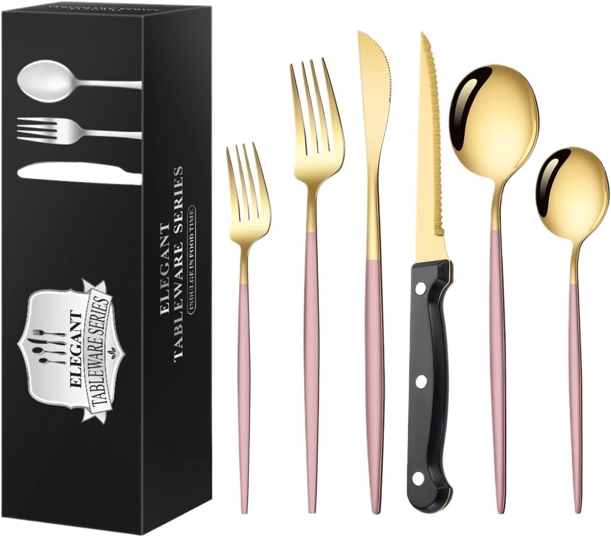 Silverware Flatware Set, 24-piece Stainless Steel Portuguese Cutlery Set For 4 People Steak Knife, Fork And Spoon Cutlery Set(Pink Gold)
