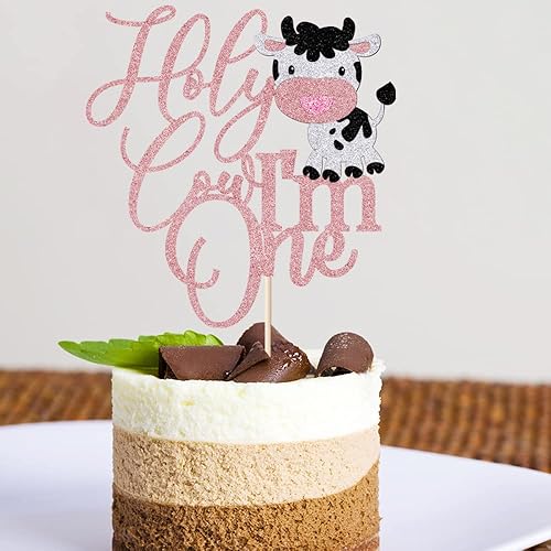 Miniatura 6 de Decoración para tartas, tema de vaca de primer cumpleaños, decoración de papel hecha a mano, 6.2 x 6.8 pulgadas, oro rosa, para niños y niñas,