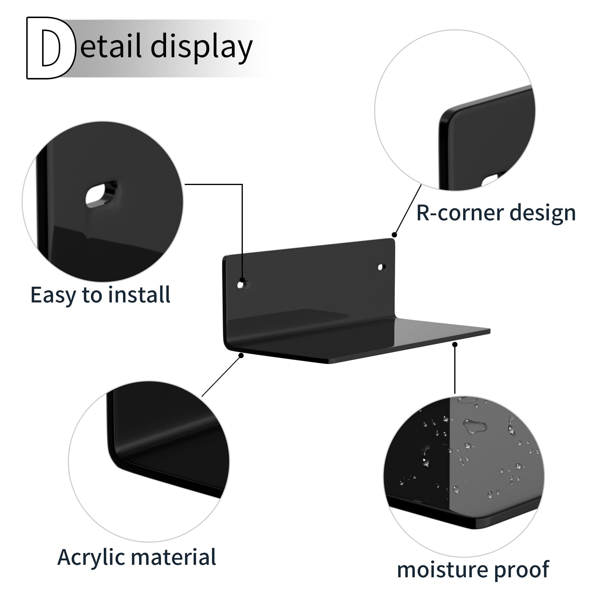 Sezanrpt 8 Inch Black Small Wall Shelves, Acrylic Wall Mounting Ledges Display, Acrylic Black Shelf for Figures Collectibles - Image 4