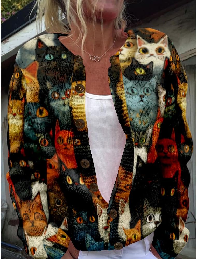 Cat Sweaters for Women Cute Button Up Cardigan Oversized 2024 Fall Fashion Crewneck Dressy Trendy Tunic Sweater - Image 2