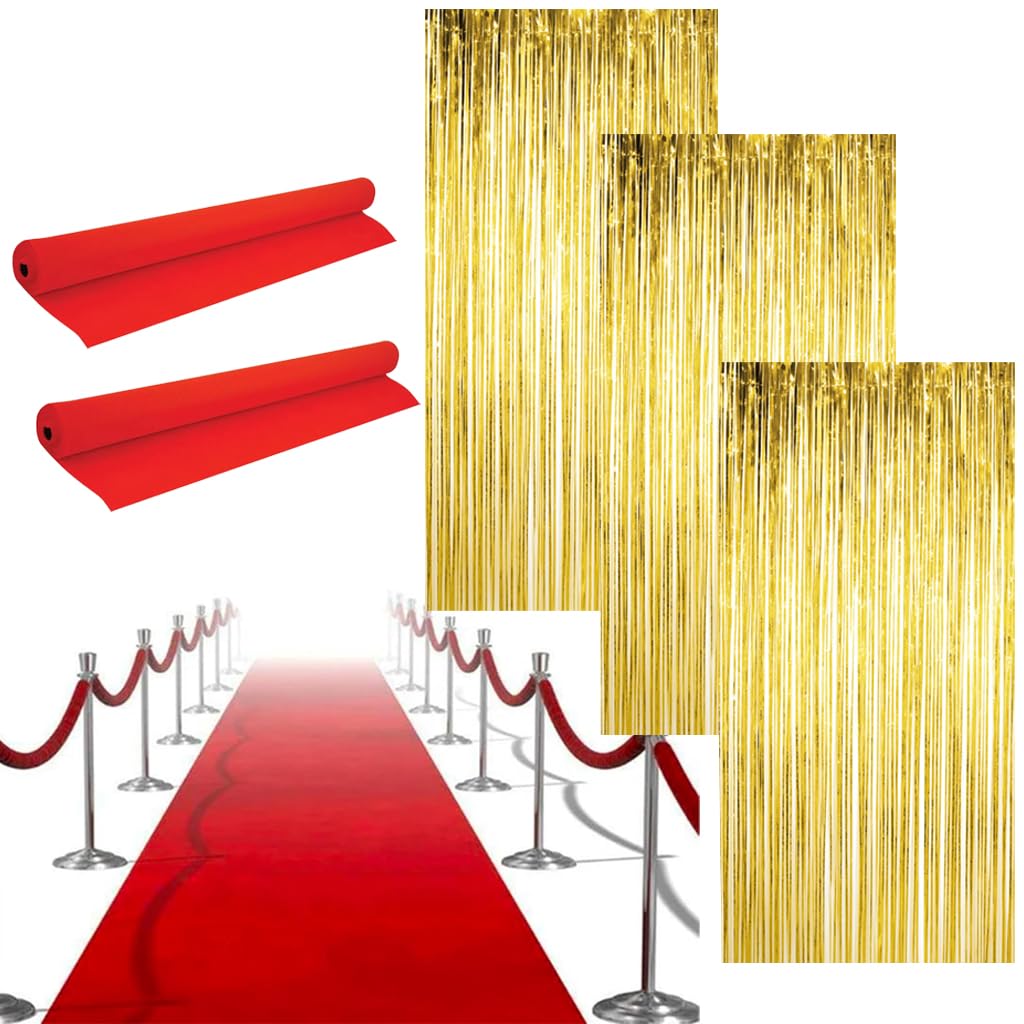 LOVETRENDS Hollywood Party Decoration Set - 2x Red Carpet Runners, 3x Gold Foil Curtains - Red Carpet Events Oscar Parties Movie Premiere Celebrations Party Décor