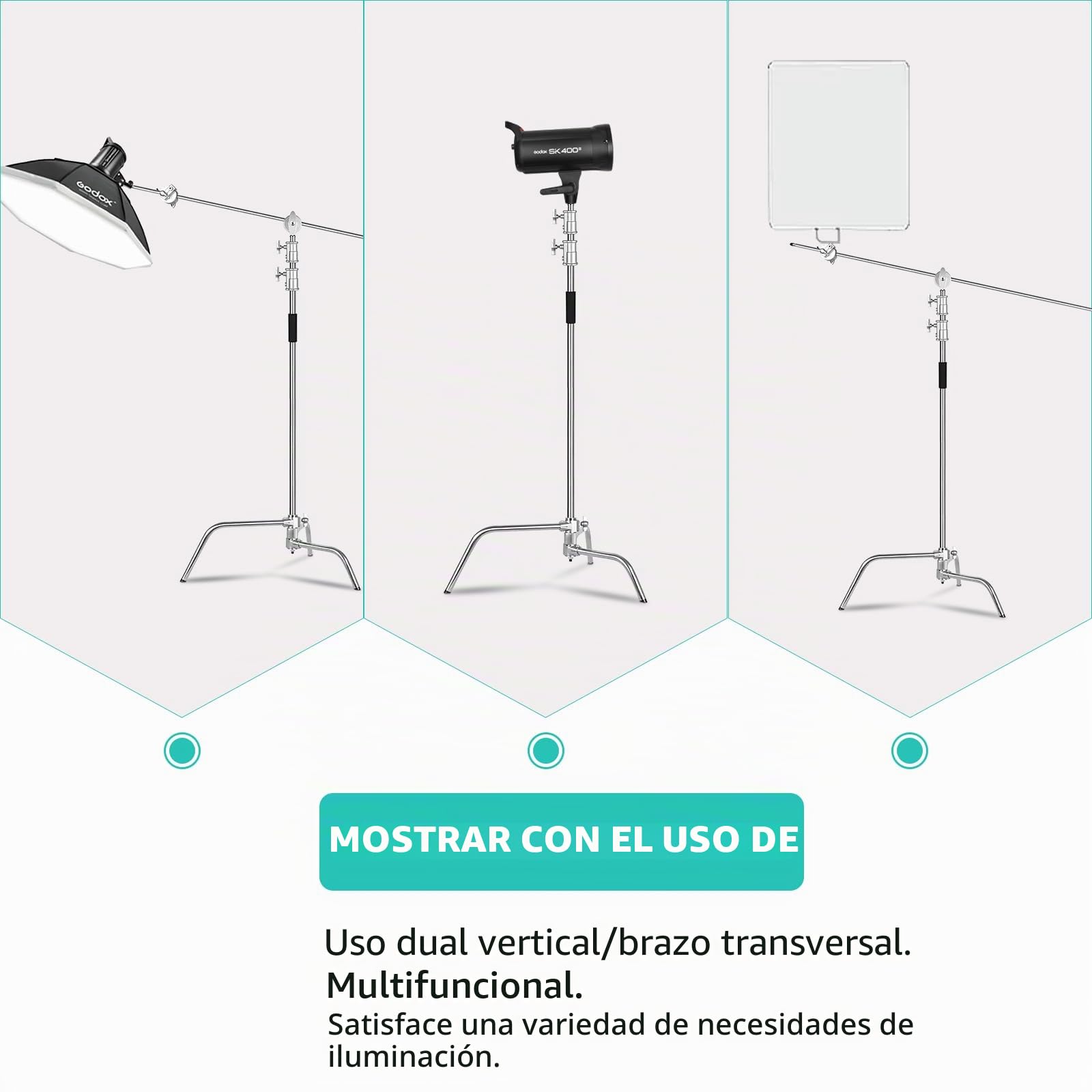 C Stand 100% Acero Inoxidable Resistente con Brazo Articulado,Altura Máxima 330cm,Soporte C Ajustable para Lámpara con Brazo de Sujeción de 127cm,2 Cabezales de Mango para Monoluz de Estudio