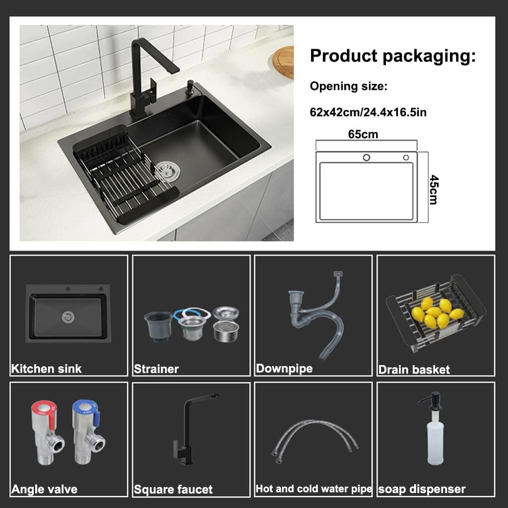 Kitchen Sink Black Nano Stainless Steel RV Sink Single Bowl Bar Prep Wet Bar & Prep Sink with Square Faucet & Drain Top Mount Or Undermount (Color : Black, Size : 68x45x22cm) (Black 65x45x22cm)