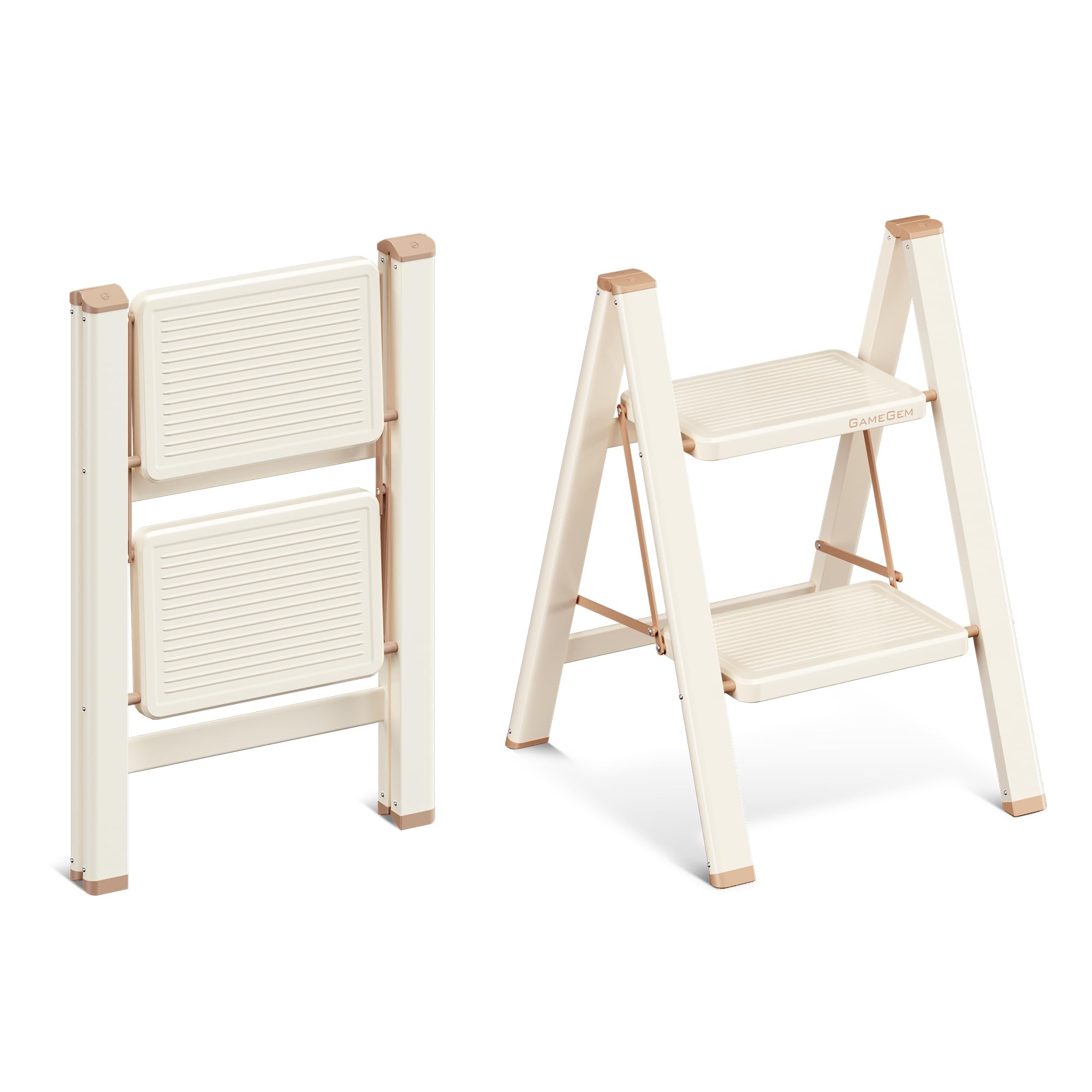 Escabel de 2 Peldaños para Adultos, Escalera Plegable con Base Antideslizante, Peldaños Ampliados, Diseño Estético Que se Integra Perfectamente en Interiores Domésticos