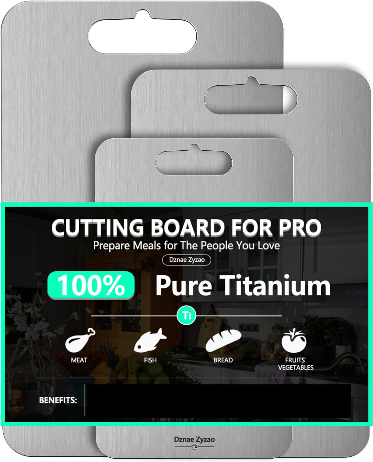 2026 New Food-Grade 100% Pure Titanium Cutting Board Set of 3, Double Sided Cutting Boards for Kitchen, Titanium Cutting Boards for Kitchen Dishwasher Safe (S+M+L)(Titanium)