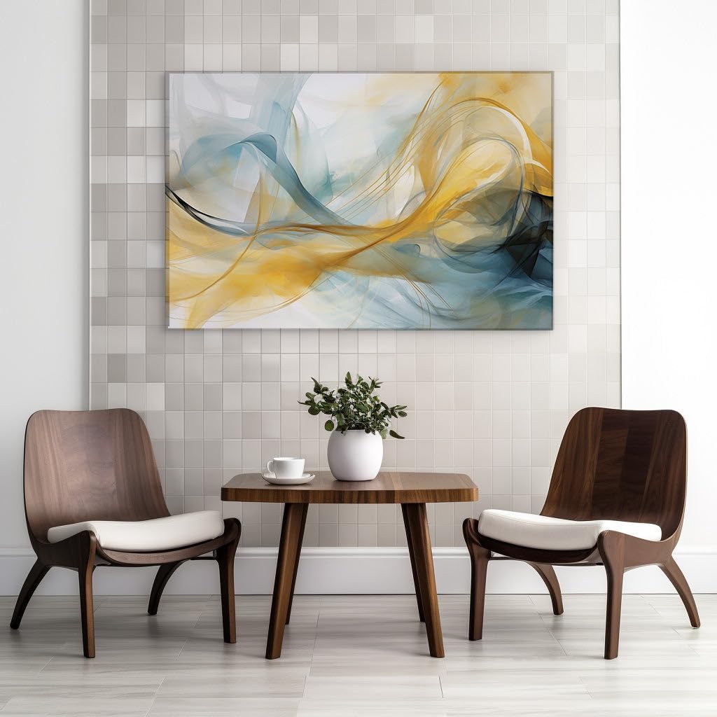Canvas for Living Room. Vibrant Motions of Freedom: Where Yellow and Blue Lines Dance on Canvas, 27 x 18 inch Canvas Wall Art - Ready to Hang