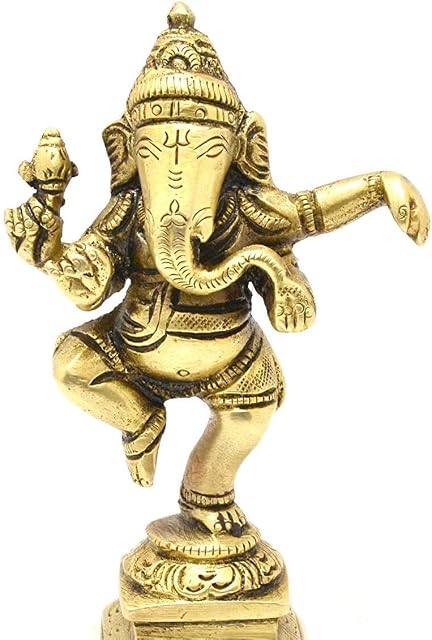 Brass Dancing Ganesha Idol Antique Statue Golden (Height 4.4 Inch, Weight 270 Gram)