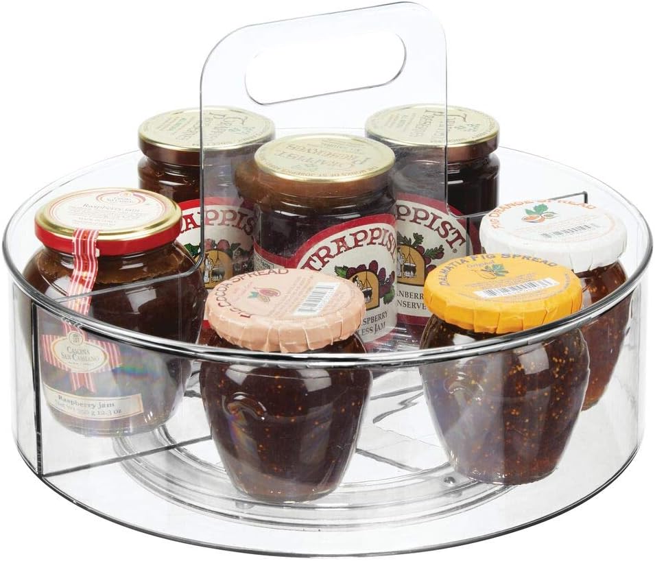 mDesign Lazy Susan Turntable Condiment Holder – Deep Plastic Revolving Condiments and Spice Rack – Kitchen Storage Unit for Cooking Oil, Bottles, Cans and Jars – 29.2 cm in Diameter x 21.3 cm – Clear