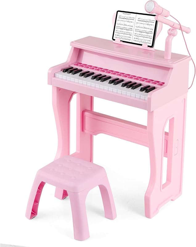 Kids Piano, 37-Key Kids Keyboard Piano w/ Music Stand & Bench, Gift for Babies w/ Microphone, Portable Electronic Educational Musical Instrument, for Girls Boys (Pink)