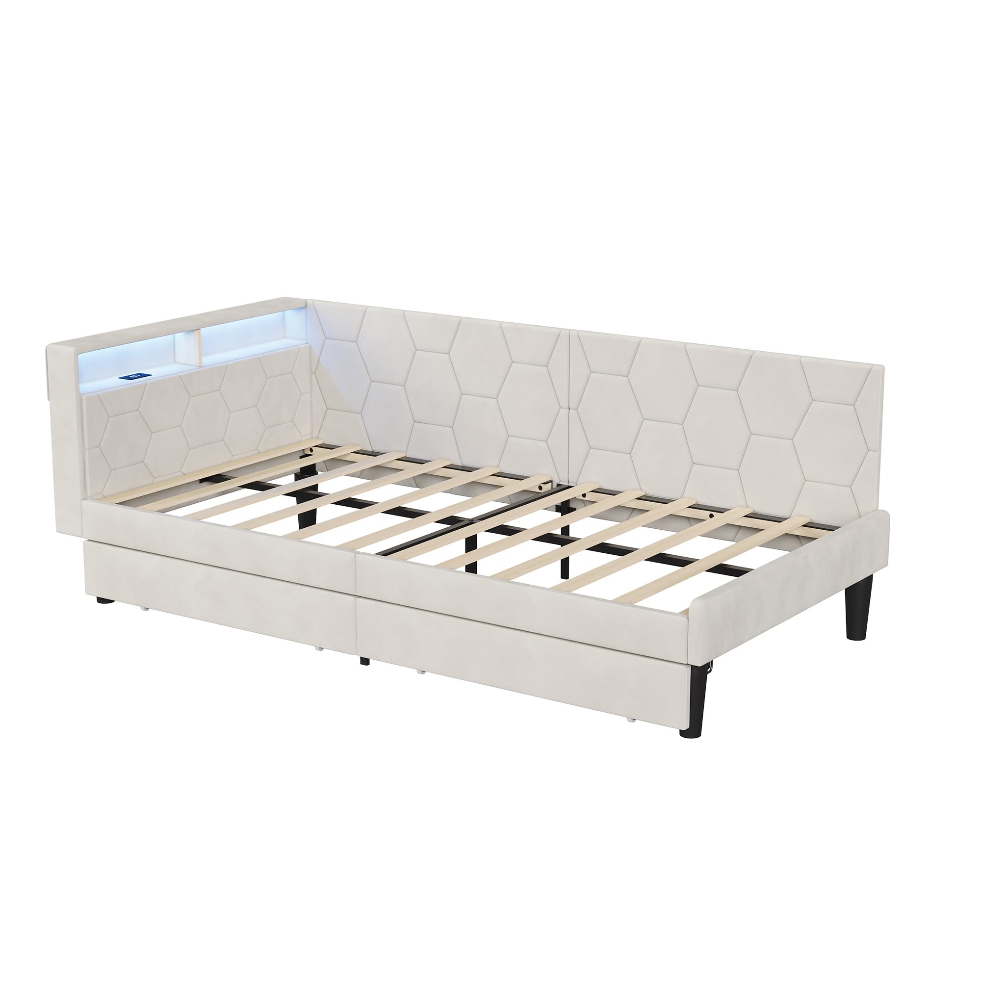 CDQL Łóżko tapicerowane, sofa do spania 90 x 200 cm z oświetleniem LED i portami USB, łóżko do przechowywania z 2 szufladami, zagłówek ze schowkami, łóżko funkcyjne, łóżko pojedyncze, aksamitne