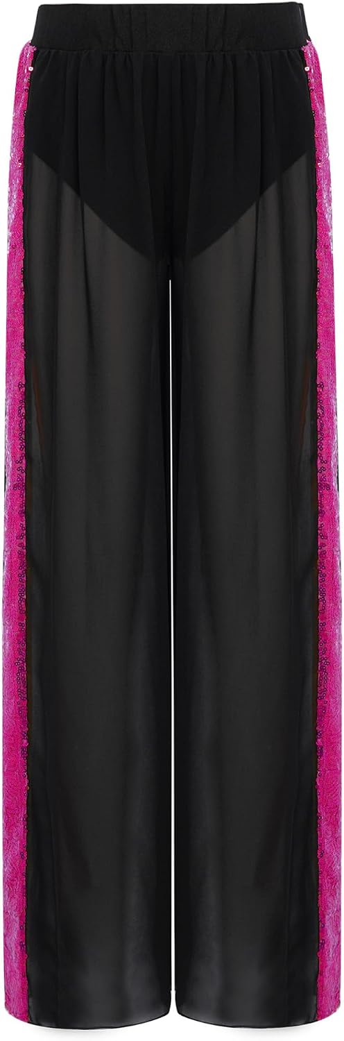 Kids Girls Sheer Mesh Wide Leg Pants Modern Lyrical Dance Pants Shiny Sequin Baggy Cover Up Trousers