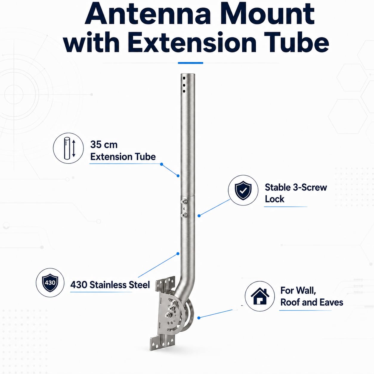 Support d’Antenne Mural 33 cm en Acier Inoxydable 430 avec Tube d’Extension 35,5 cm, Mât en J Réglable à 3 Vis, Fixation Mur/Toit/Poteau pour Antenne TV, WiFi, CPE, Point d’Accès, Station Météo