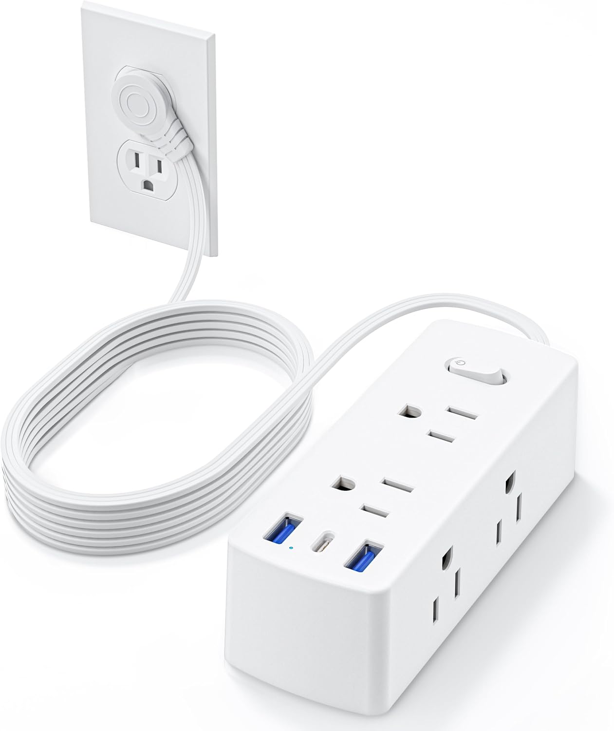Flat Extension Cord 10ft, Olcorife Flat Plug Power Strip with 6 Outlets 3 USB Ports(1 USB C), 3-Side Outlet Extender Surge Protector for Home Office Dorm Room Essentials, 45°