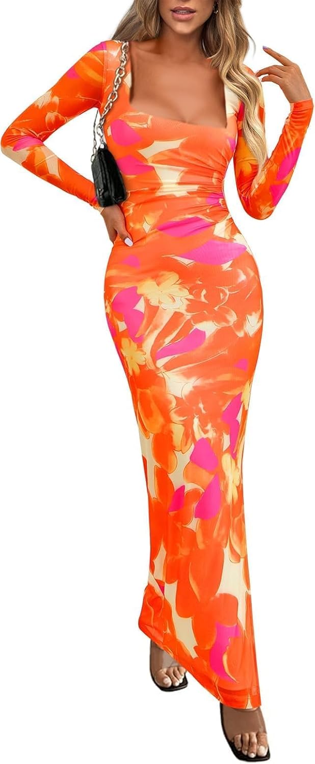 Women's Long Sleeve Tie Dye Dress Square Neck Mesh Ruched Cocktail Maxi Dresses