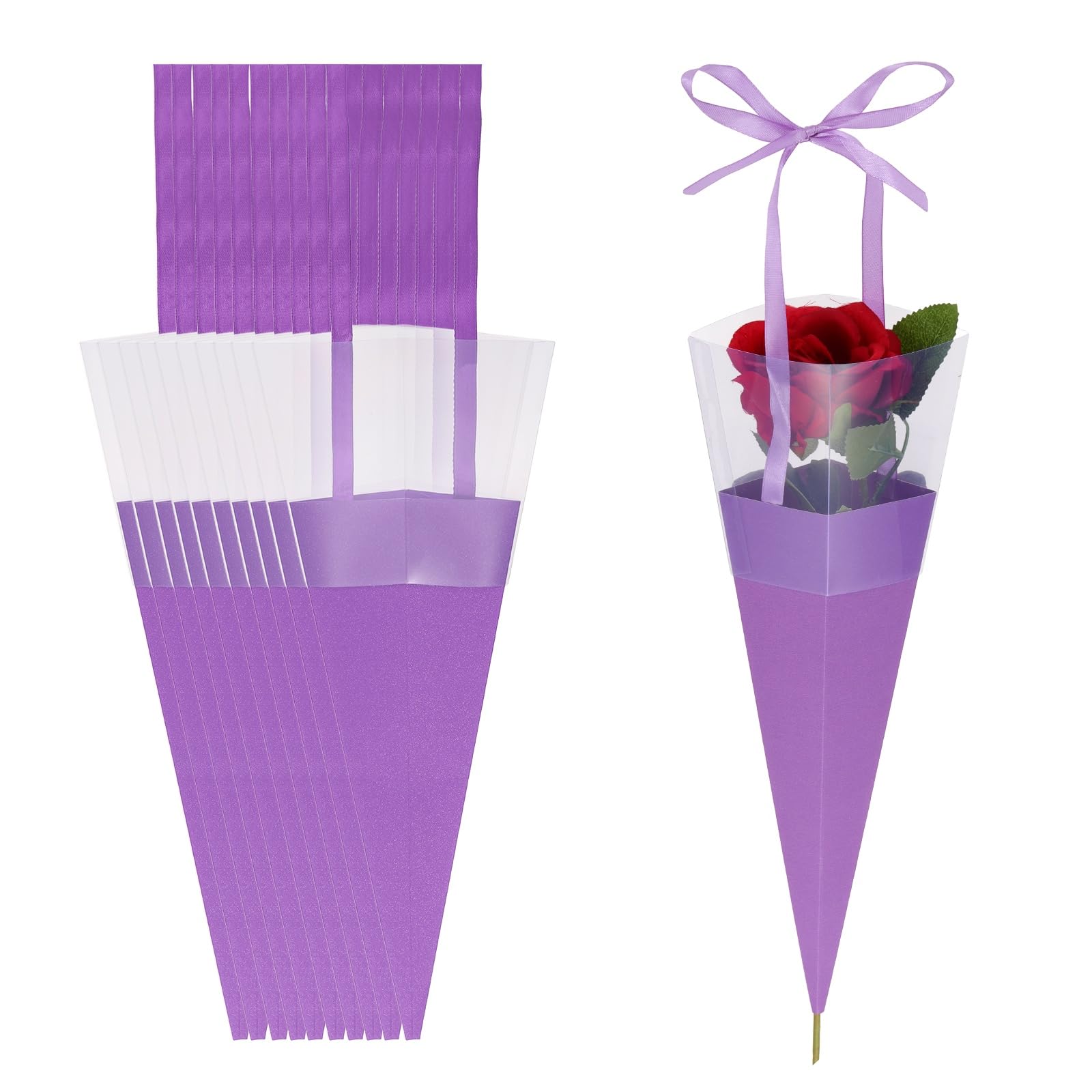 PATIKIL 24 Pcs Flower Wrapping Bag, Floral Packing Sleeves with Ribbons Cute for Bouquets Wedding Birthday Graduation Anniversary Arrangement Gift, Purple