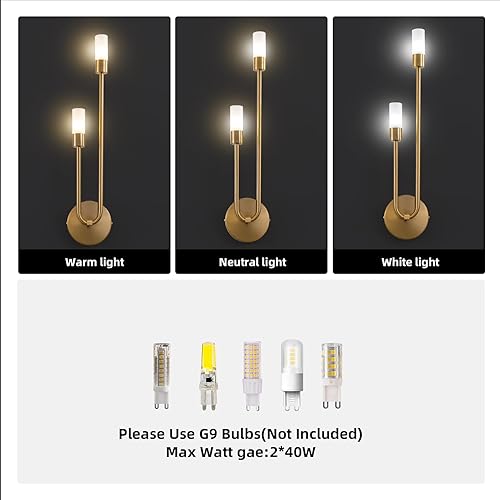 Miniatura 4 de Aplique de pared LED dorado con 2 lámparas de pared para interiores de mediados de siglo, lámpara de tocador con pantalla de vidrio para dormitorio,