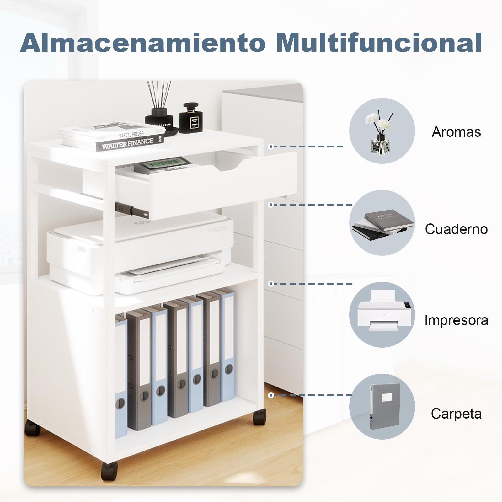PUNCIA Mueble para Impresora con Ruedas Soporte Rodante de Almacenamiento | Mesa Auxiliar con Cajón y Estantes Abiertos Estantería para discos Carrito Organizador para Oficina y Hogar Blanco