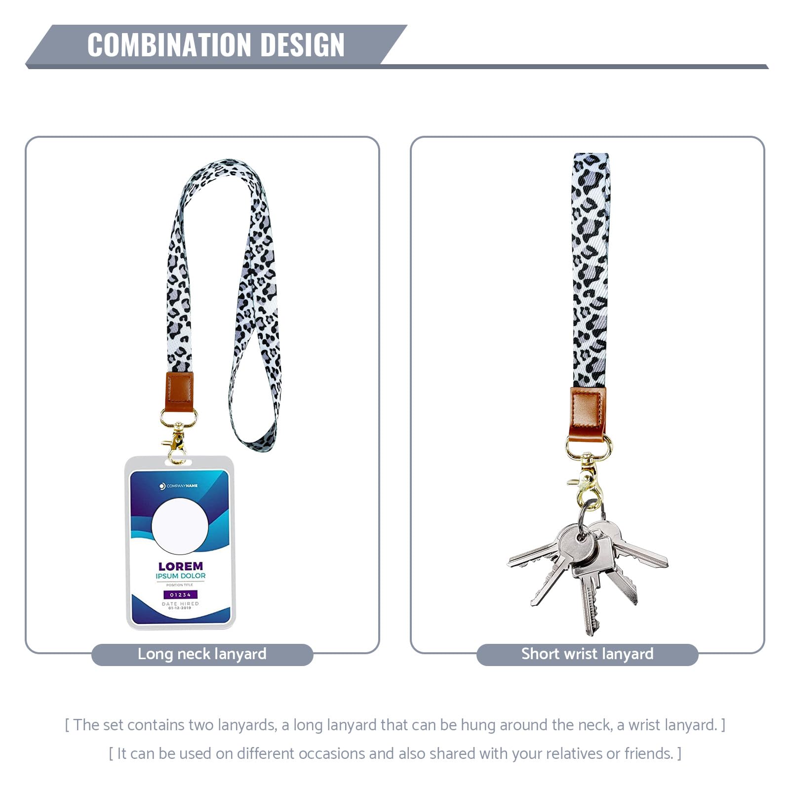 PAITOK Neck Lanyard & Wrist Lanyard Strap Set including Metal Clasp Personalised Lanyard with Two Metal Key Rings for ID Badge Holder Keys Charms(Black and Gray Leopard Print) - Image 4