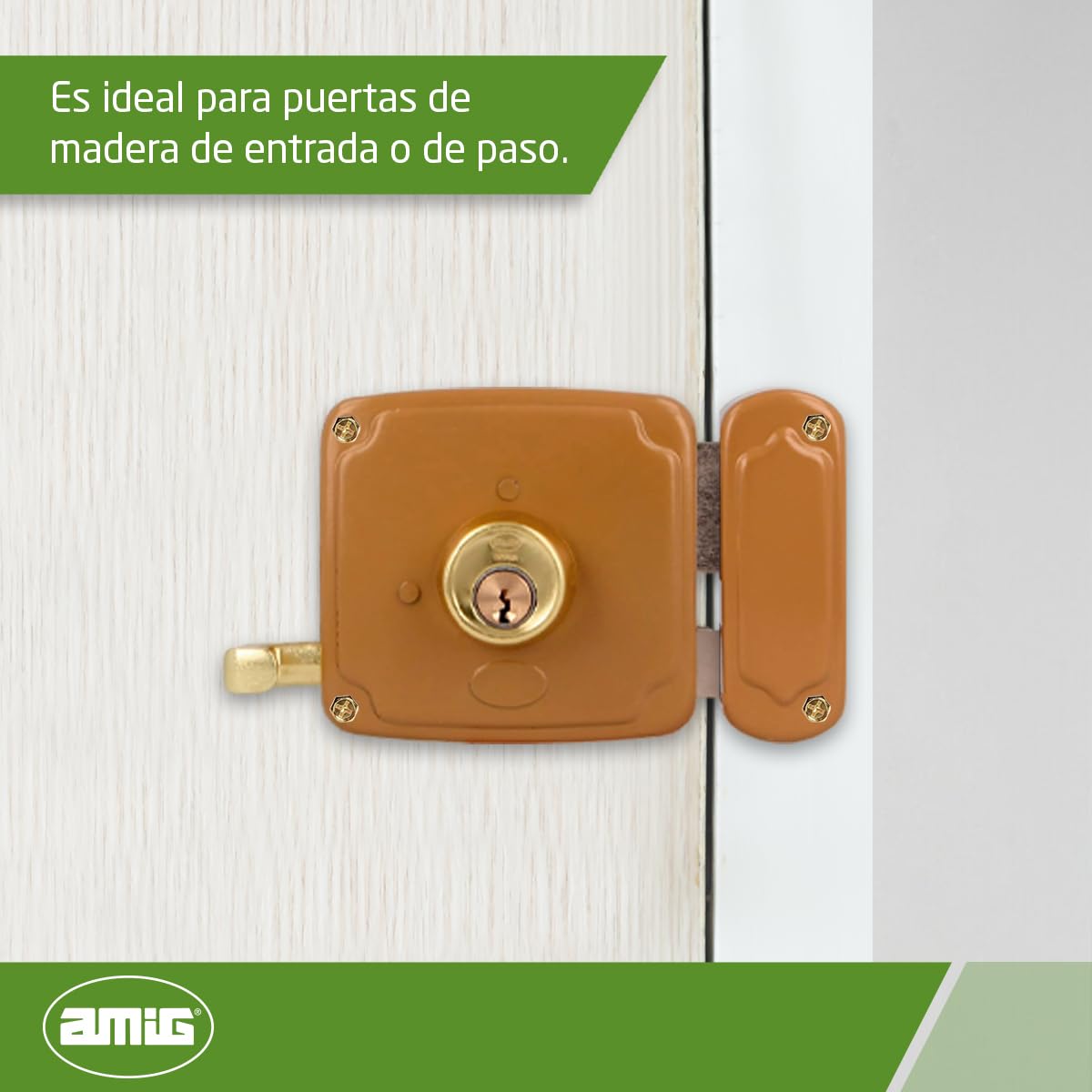 Amig - Cerradura de Sobreponer de Derecha con Palanca de Cierre, Lengüeta y Tirador - Acero Dorado - Medida: 100 x 95 mm - Ideal para Puertas de Madera de Entrada o de Paso