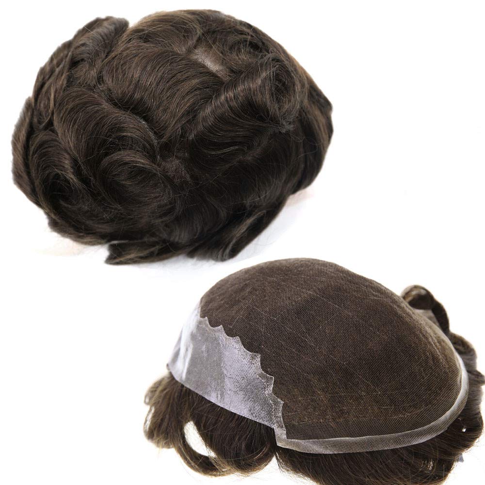 Hair Toupee Hair Pieces for Men Natural Lace Front with Skin Perimeter Base Various Size-Color-Density Available (7''x9''100% Light Medium Density, 3# Dark Brown)