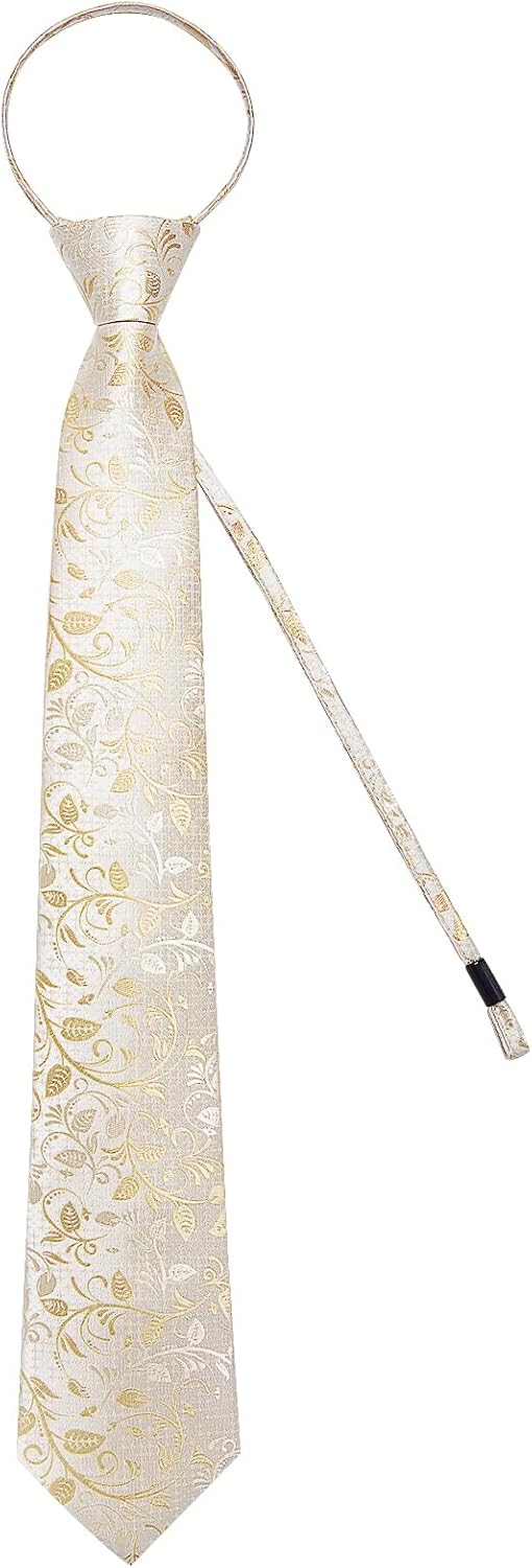 DiBanGu Silk Zipper Ties for Men,Paisley Solid Plaid Pre-tied Tie and Pocket Square Cufflinks Set Formal Adjustable Necktie - Image 4