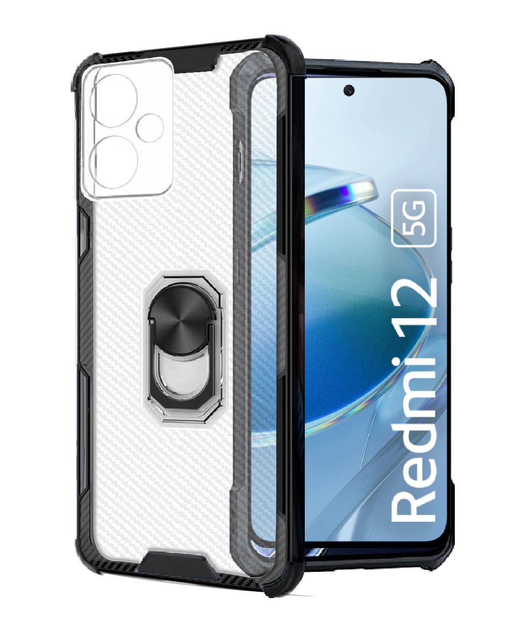 ASMANTIC Redmi 12 5G Protective Case, Clear Heavy Duty Shock Resistant Hybrid Case Protective Cover Phone Case with Ring Kickstand, Shock Absorption with 4 Corners Protection for Redmi 12 5G (Black)