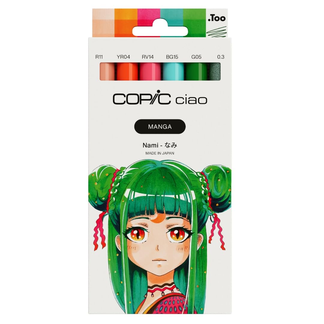 Copic Ciao MANGA Set Nami, Marker Set mit 5 leuchtenden Grün- und Blautönen inkl. 1 Multiliner 0,3 mm in Grün, Twin Marker mit einer mittelbreiten und einer Brush Spitze