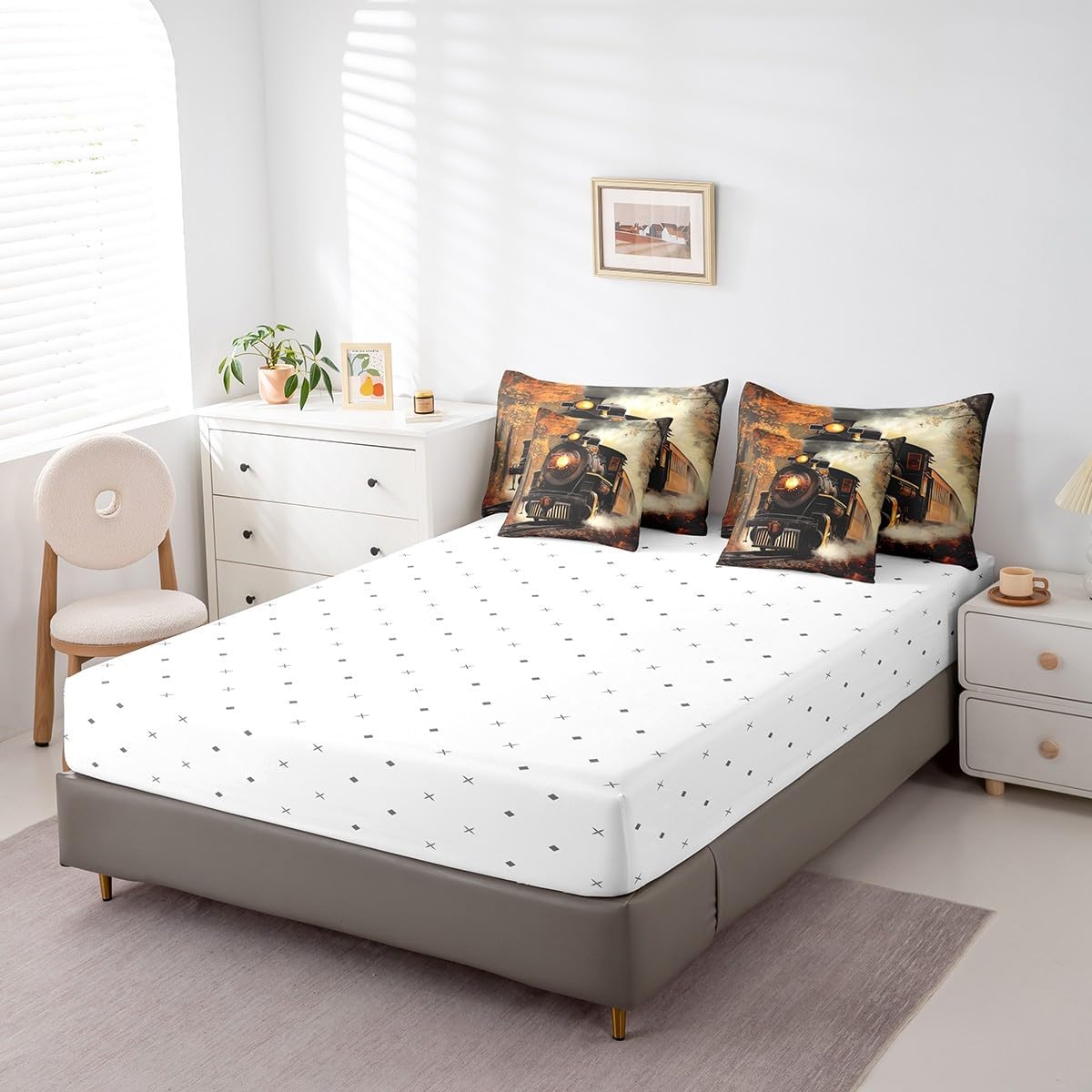 Erosebridal Train Bedding Set Retro Steam Engine Queen Comforter Set 7 Piece Railway Track Transport Bed in A Bag with Sheets for Kids Boys Teen Men,Autumn Fallen Leaves Bed Set