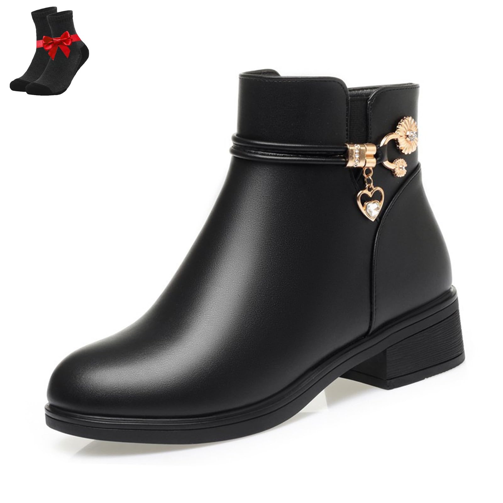 EDAT Womens Leather Wool Orthopedic Boots Womens Waterproof Orthopedic Warm Boots Fleece Wedge Snow Boots with Zipper Black