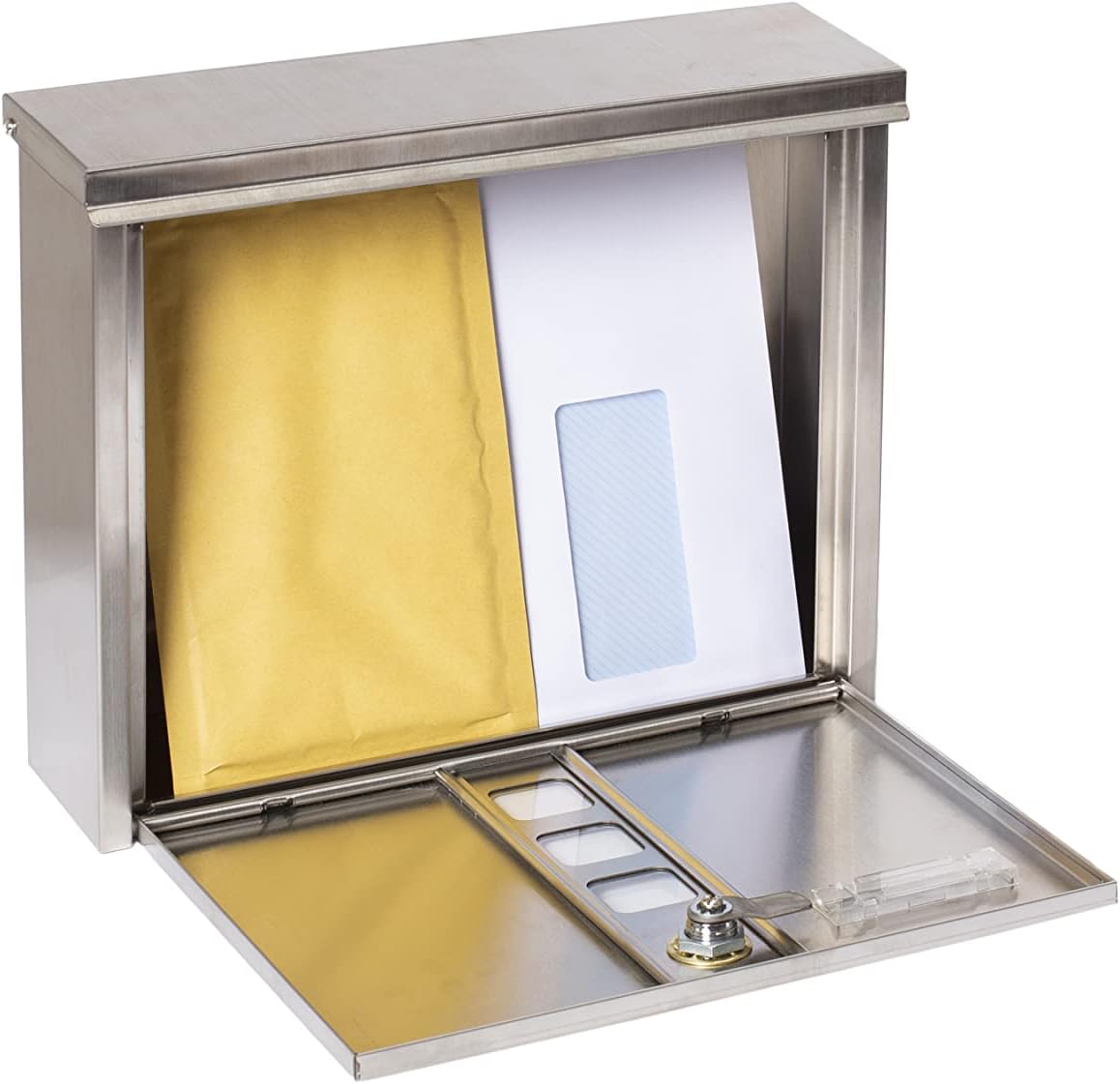 ARREGUI Chance E7107 Stainless Steel Letterbox Size M (DIN A4), Wall Letter Box with Protective Flaps for Slot and Lock, Post Box with Viewing Windows and Name Plate, Easy Assembly, Stainless Steel