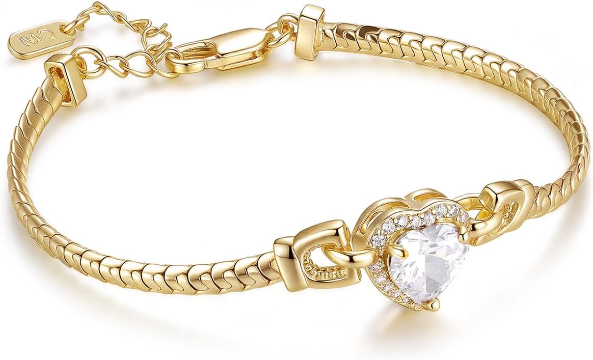 Bracelet for Women 14K Gold Plated Cubic Zirconia Bracelet, Classic Crystal Cuban Chain Bracelet, Delicate Snake Link Bracelet Gift for Her