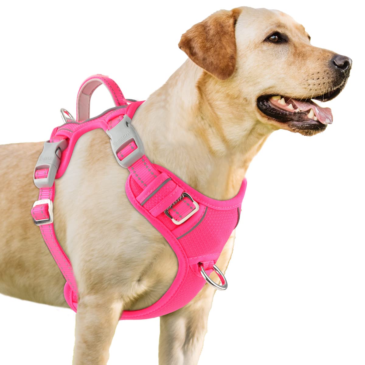 BARKBAY No Pull Dog Harness 3 Buckles Large Step in Reflective Dog Harness with Front Clip and Easy Control Handle for Walking Training Running with ID tag Pocket(Pink,L)